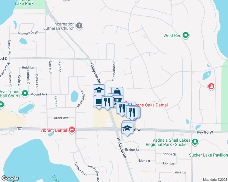map of restaurants, bars, coffee shops, grocery stores, and more near 4710 Cumberland Street in Shoreview