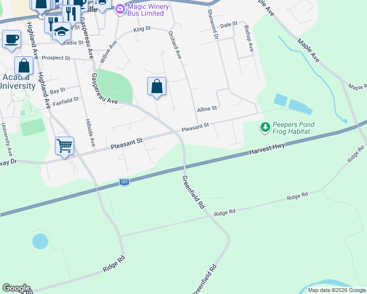 map of restaurants, bars, coffee shops, grocery stores, and more near Gaspereau Avenue in Wolfville