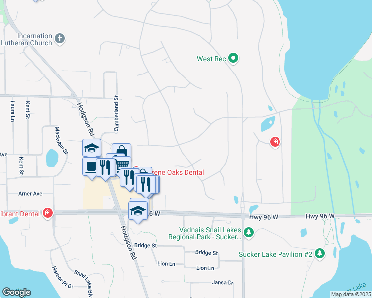 map of restaurants, bars, coffee shops, grocery stores, and more near 30 Raven Road in North Oaks