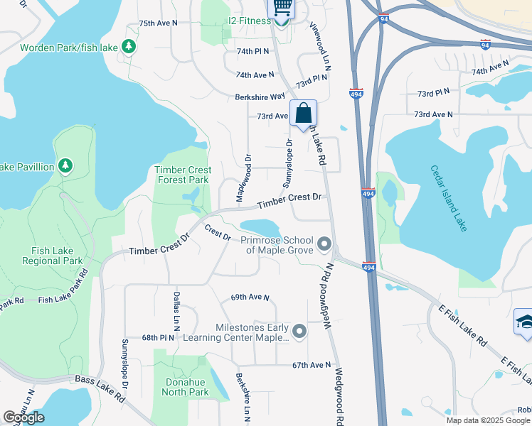 map of restaurants, bars, coffee shops, grocery stores, and more near 13645 Timber Crest Drive in Osseo