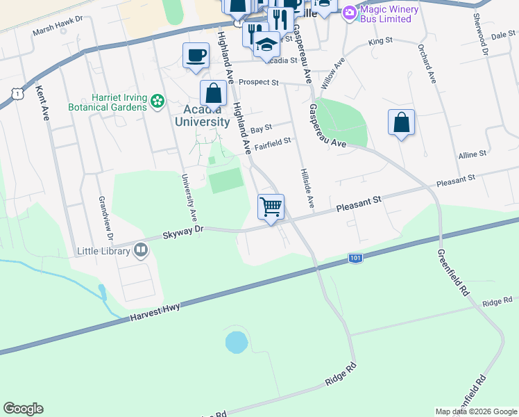 map of restaurants, bars, coffee shops, grocery stores, and more near 80 Catherine Court in Wolfville