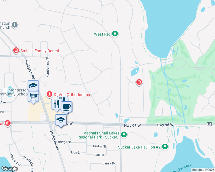 map of restaurants, bars, coffee shops, grocery stores, and more near 11 Meadowlark Lane in North Oaks