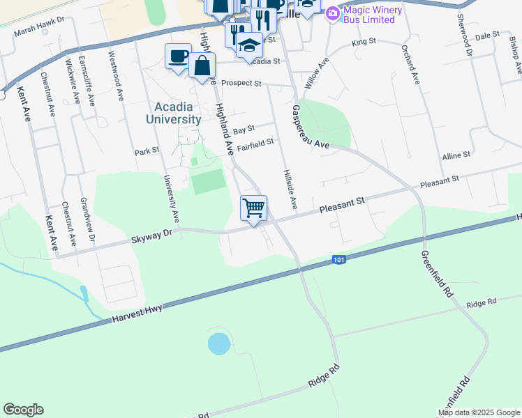map of restaurants, bars, coffee shops, grocery stores, and more near 94 Highland Avenue in Wolfville