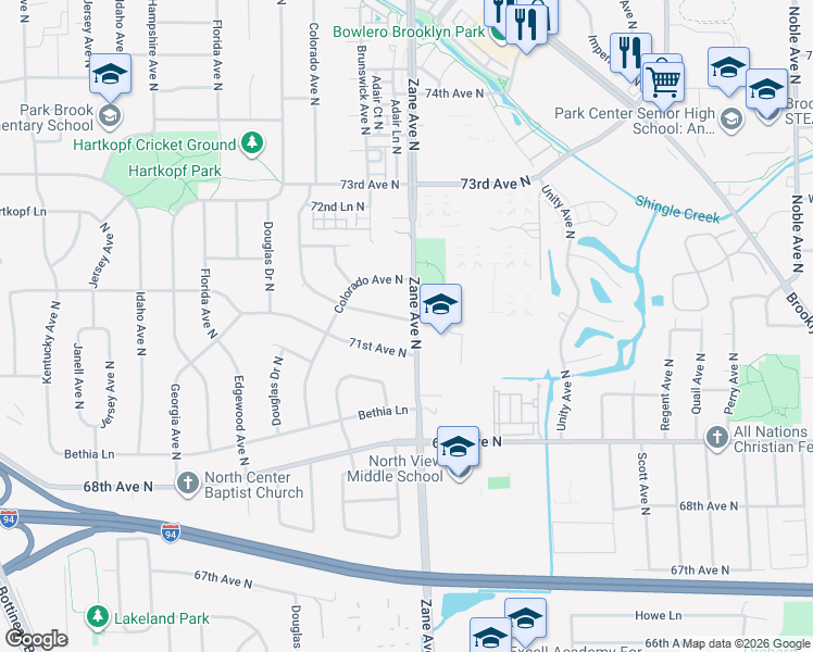 map of restaurants, bars, coffee shops, grocery stores, and more near 5916 Century Boulevard in Minneapolis