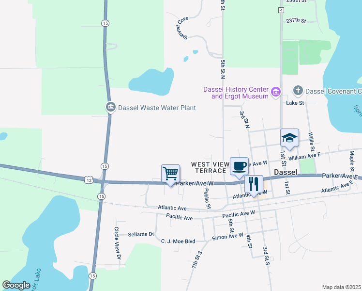 map of restaurants, bars, coffee shops, grocery stores, and more near 751 5th Street North in Dassel