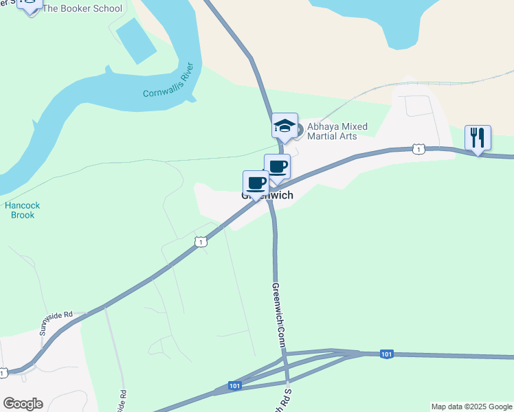 map of restaurants, bars, coffee shops, grocery stores, and more near 10032 Hwy 1 in Kings County