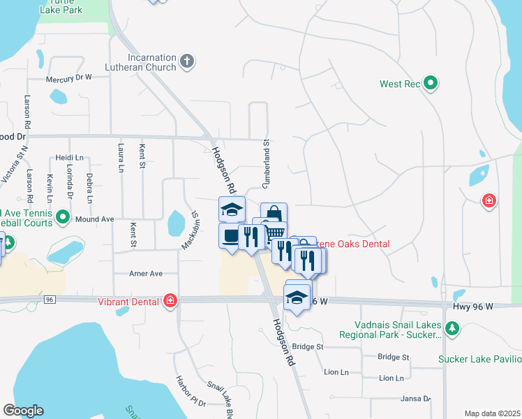 map of restaurants, bars, coffee shops, grocery stores, and more near 4710 Cumberland Street in Shoreview