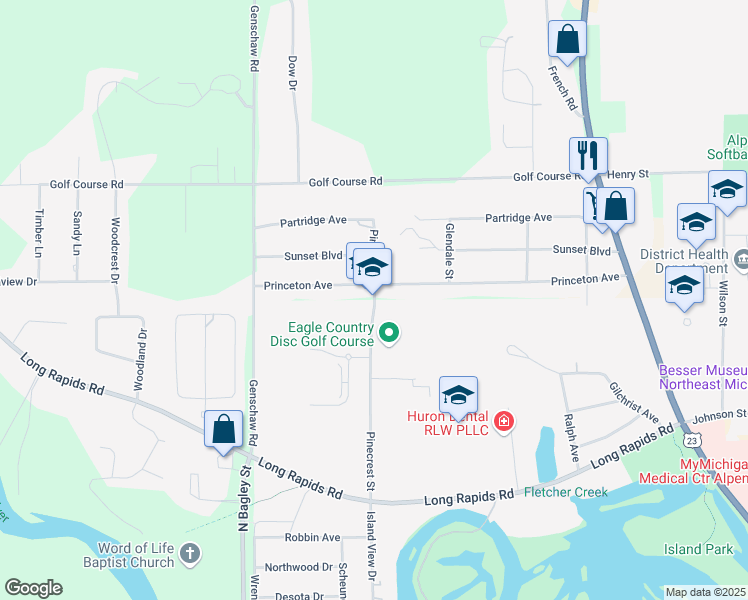 map of restaurants, bars, coffee shops, grocery stores, and more near 700 Pinecrest Street in Alpena