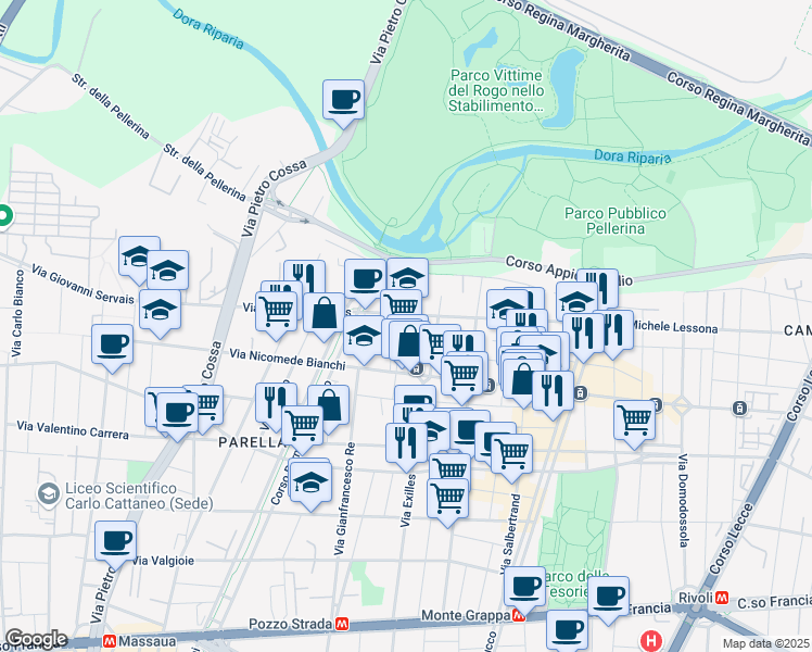 map of restaurants, bars, coffee shops, grocery stores, and more near 5 Via Galliate in Torino