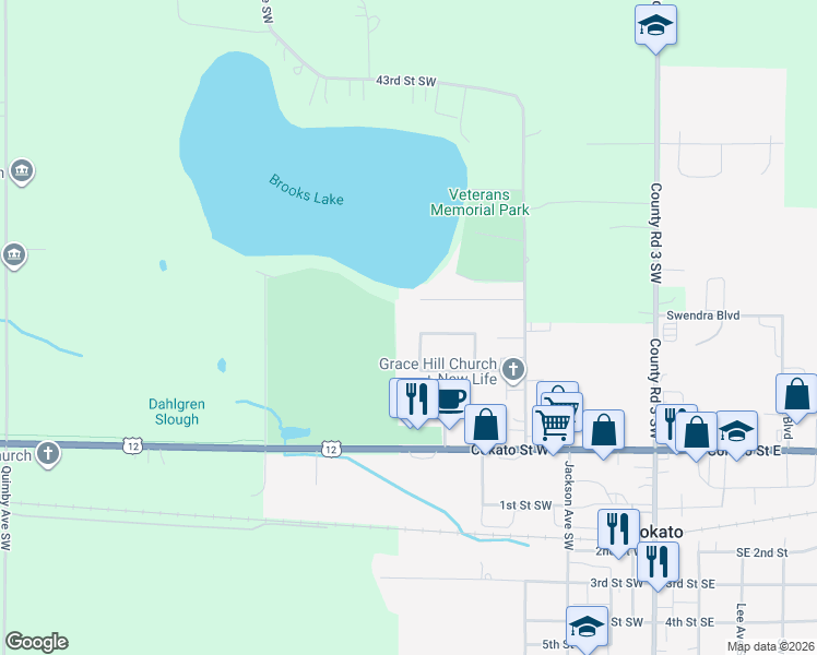 map of restaurants, bars, coffee shops, grocery stores, and more near 590 Brooks Lake Road in Cokato