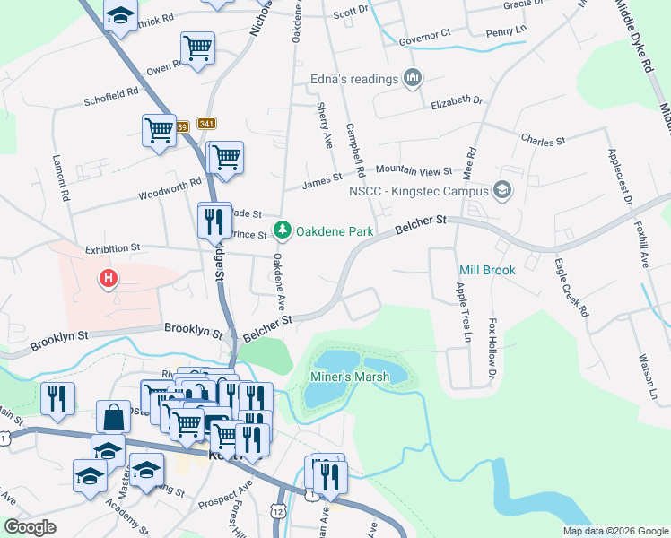 map of restaurants, bars, coffee shops, grocery stores, and more near 118 Belcher Street in Kentville