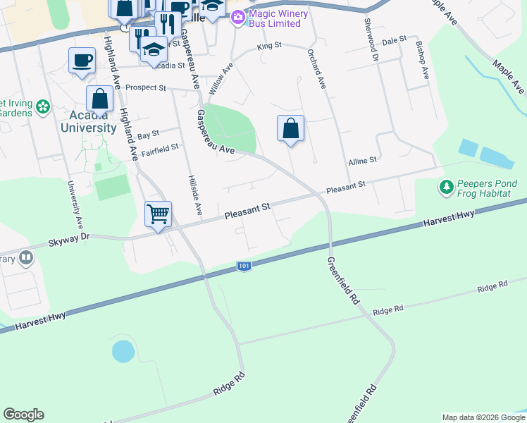 map of restaurants, bars, coffee shops, grocery stores, and more near 159 Pleasant Street in Wolfville