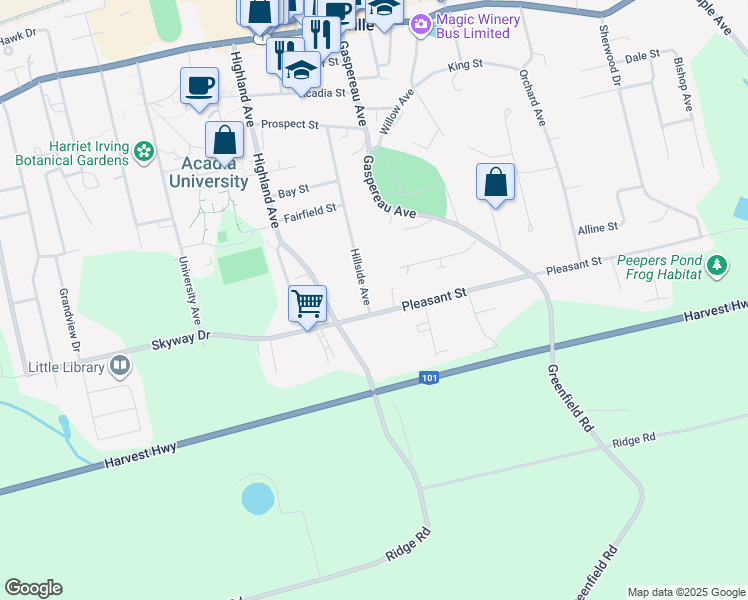 map of restaurants, bars, coffee shops, grocery stores, and more near 204 Pleasant Street in Wolfville