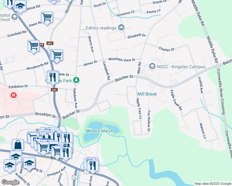 map of restaurants, bars, coffee shops, grocery stores, and more near 33 Blossom Drive in Kentville