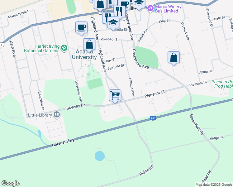 map of restaurants, bars, coffee shops, grocery stores, and more near 90 Highland Avenue in Wolfville