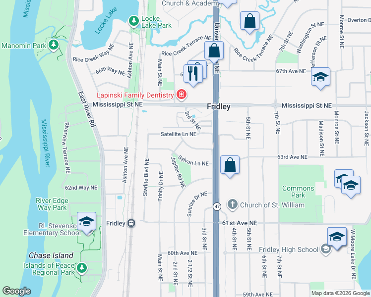 map of restaurants, bars, coffee shops, grocery stores, and more near 212 Mercury Drive Northeast in Fridley