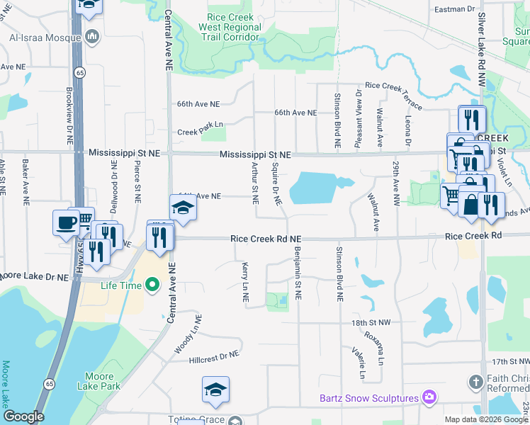 map of restaurants, bars, coffee shops, grocery stores, and more near 6381 Arthur Street Northeast in Fridley