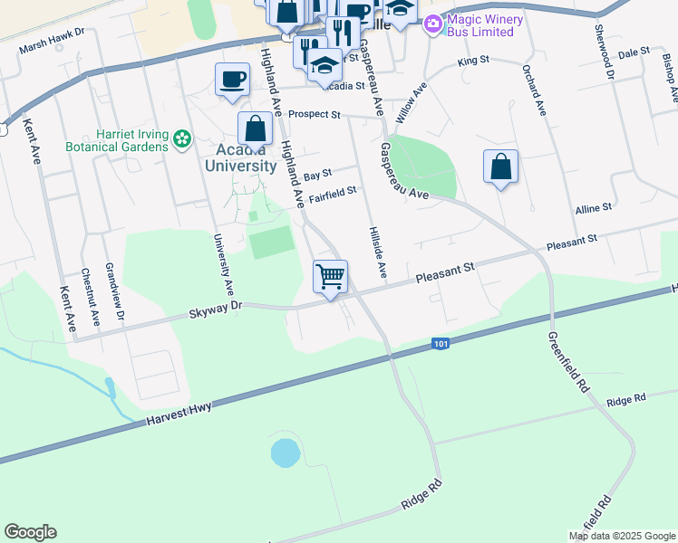 map of restaurants, bars, coffee shops, grocery stores, and more near 90 Highland Avenue in Wolfville