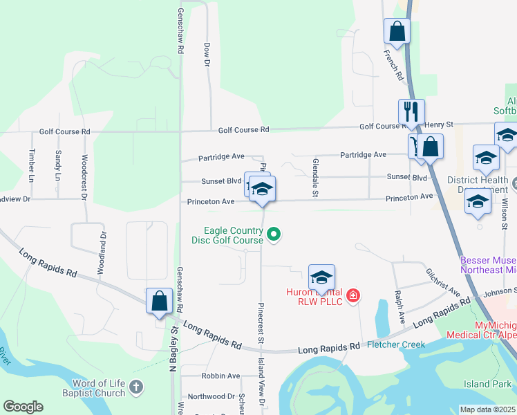 map of restaurants, bars, coffee shops, grocery stores, and more near 700 Pinecrest Street in Alpena