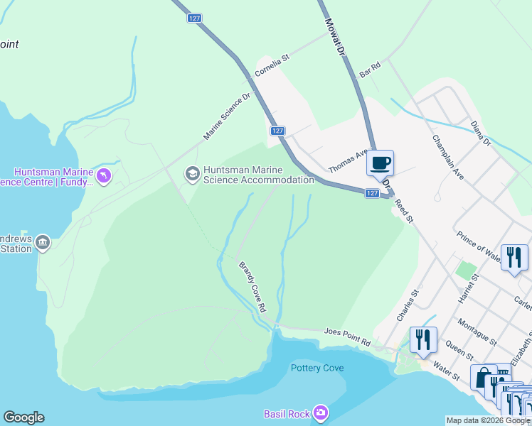 map of restaurants, bars, coffee shops, grocery stores, and more near 91 Cedar Lane in St. Andrews