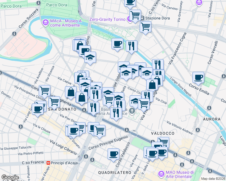 map of restaurants, bars, coffee shops, grocery stores, and more near 50 Corso Principe Oddone in Torino
