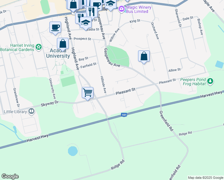 map of restaurants, bars, coffee shops, grocery stores, and more near 196 Pleasant Street in Wolfville