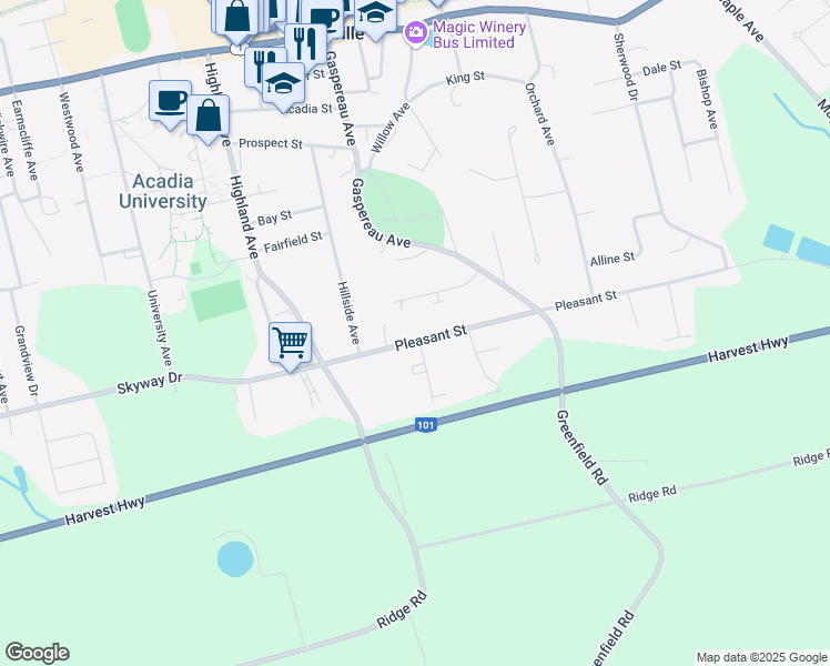 map of restaurants, bars, coffee shops, grocery stores, and more near 180 Pleasant Street in Wolfville
