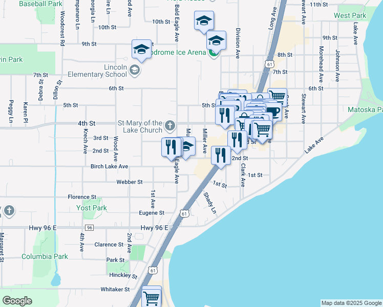 map of restaurants, bars, coffee shops, grocery stores, and more near 2068 3rd Street in White Bear Lake