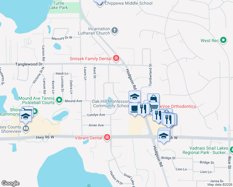 map of restaurants, bars, coffee shops, grocery stores, and more near 490 Chandler Court in Shoreview