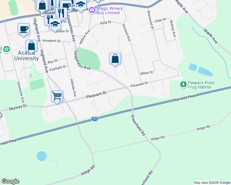 map of restaurants, bars, coffee shops, grocery stores, and more near 127 Pleasant Street in Wolfville