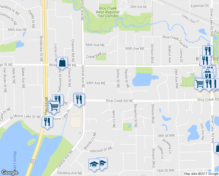 map of restaurants, bars, coffee shops, grocery stores, and more near 1450 64th Avenue Northeast in Fridley