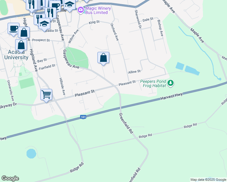 map of restaurants, bars, coffee shops, grocery stores, and more near 202 Gaspereau Avenue in Wolfville