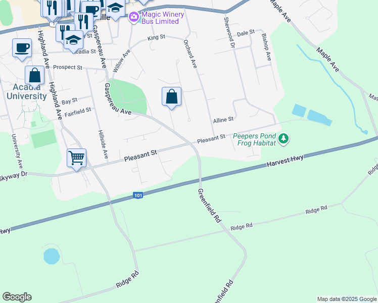 map of restaurants, bars, coffee shops, grocery stores, and more near 202 Gaspereau Avenue in Wolfville
