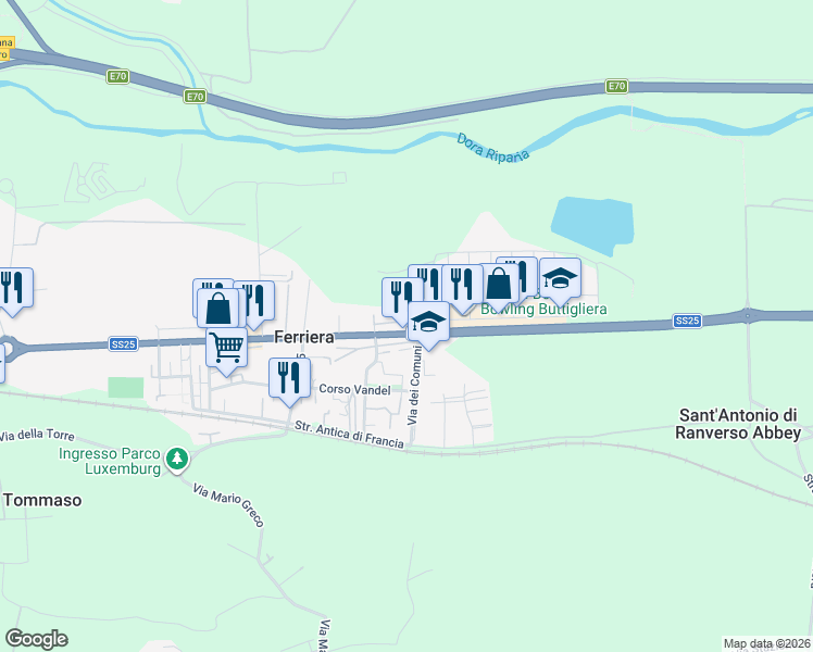 map of restaurants, bars, coffee shops, grocery stores, and more near 85/A Corso Torino in Ferriera