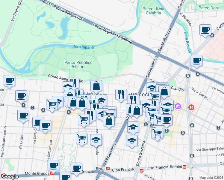 map of restaurants, bars, coffee shops, grocery stores, and more near 74 Via Pietrino Belli in Torino