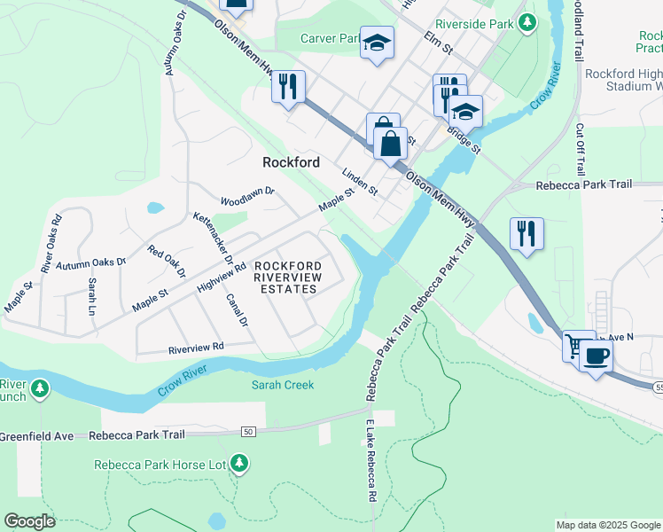 map of restaurants, bars, coffee shops, grocery stores, and more near 121 Marinaview Drive in Rockford