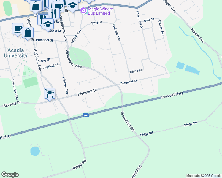 map of restaurants, bars, coffee shops, grocery stores, and more near 123 Pleasant Street in Wolfville