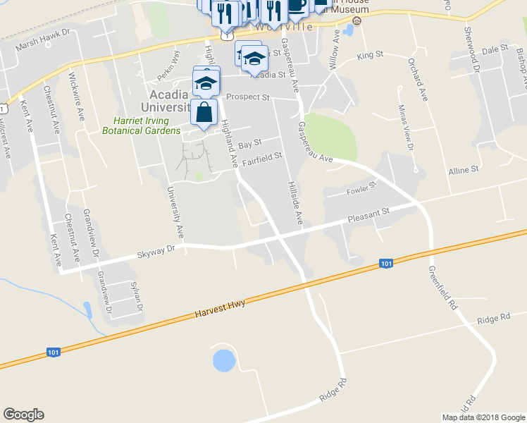 map of restaurants, bars, coffee shops, grocery stores, and more near 86 Highland Avenue in Wolfville