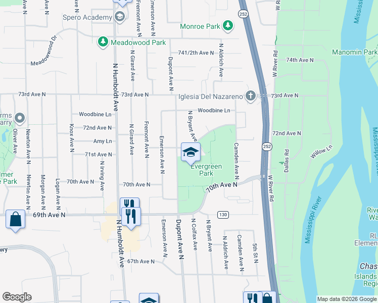 map of restaurants, bars, coffee shops, grocery stores, and more near 1005 72nd Avenue North in Minneapolis