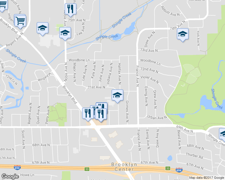 map of restaurants, bars, coffee shops, grocery stores, and more near 4111 71st Avenue North in Minneapolis