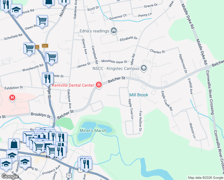 map of restaurants, bars, coffee shops, grocery stores, and more near 179 Belcher Street in Kentville