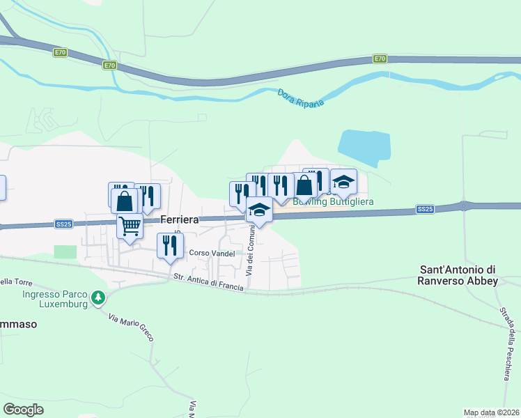 map of restaurants, bars, coffee shops, grocery stores, and more near 85 Corso Torino in Buttigliera Alta