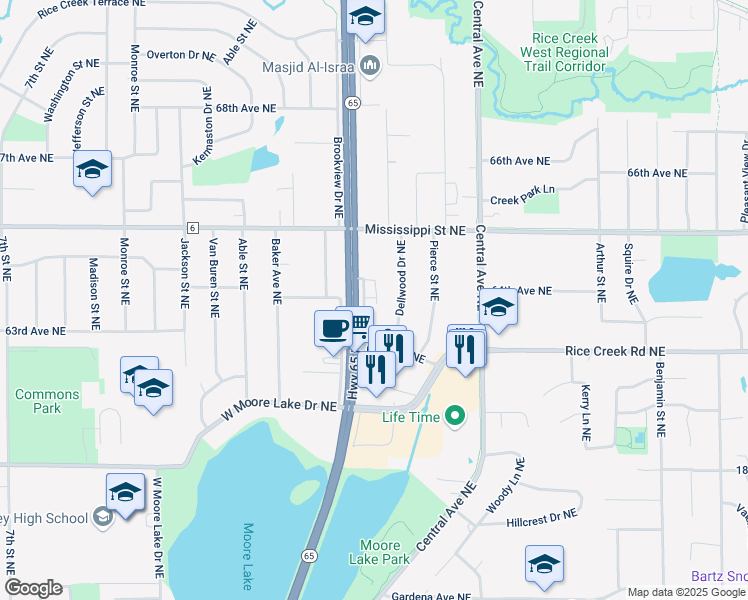 map of restaurants, bars, coffee shops, grocery stores, and more near 6393 Highway 65 Northeast in Minneapolis