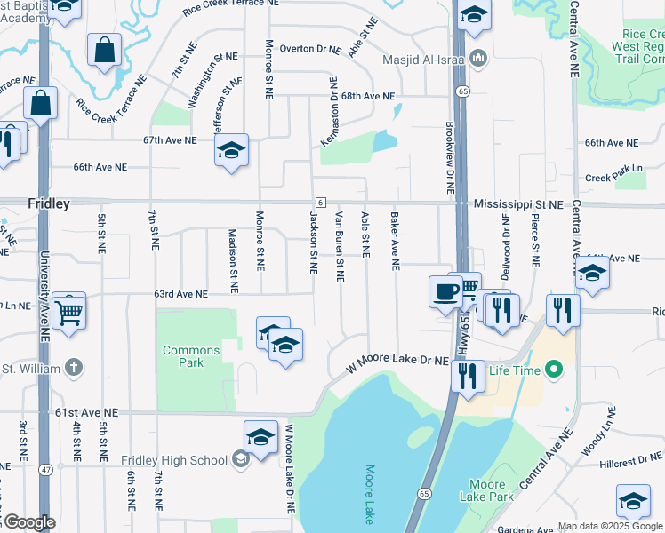 map of restaurants, bars, coffee shops, grocery stores, and more near 6377 Van Buren Street Northeast in Fridley