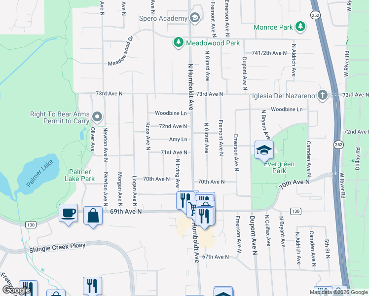 map of restaurants, bars, coffee shops, grocery stores, and more near 1512 71st Avenue North in Minneapolis