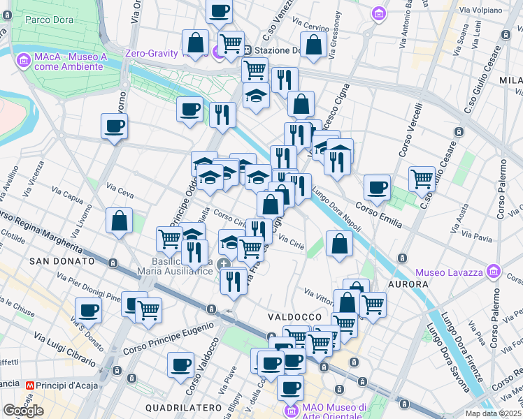 map of restaurants, bars, coffee shops, grocery stores, and more near 23 Via Pesaro in Torino
