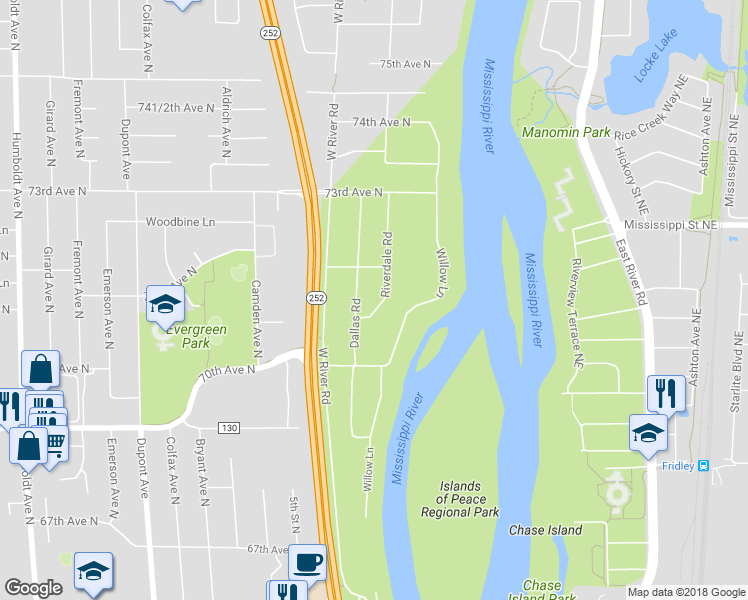 map of restaurants, bars, coffee shops, grocery stores, and more near 7105 Riverdale Road in Minneapolis