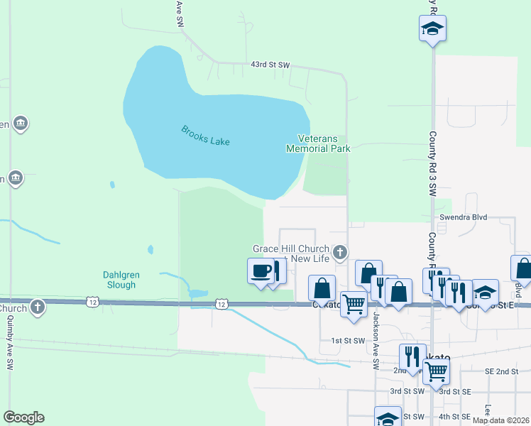 map of restaurants, bars, coffee shops, grocery stores, and more near 590 Brooks Lake Road in Cokato