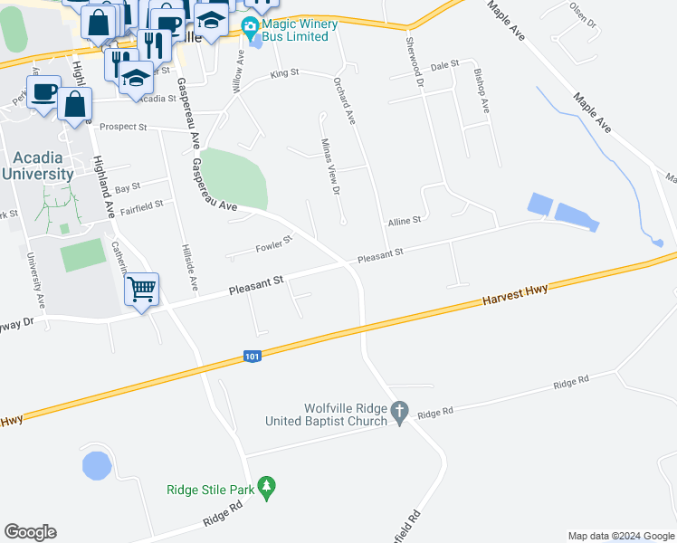 map of restaurants, bars, coffee shops, grocery stores, and more near 119 Pleasant Street in Wolfville