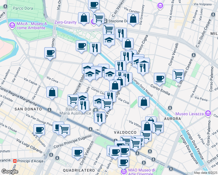 map of restaurants, bars, coffee shops, grocery stores, and more near 23 Via Pesaro in Turin